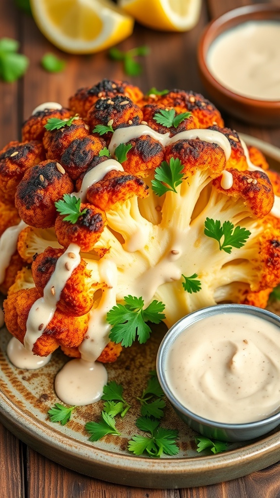 Roasted cauliflower with tahini sauce, garnished with parsley and sesame seeds, on a rustic wooden table.